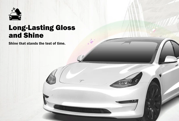 A white Tesla Model 3 with a high-gloss finish is shown under soft lighting with sparkle icons around it. The text reads “Long-Lasting Gloss and Shine – Shine that stands the test of time,” promoting the durability of the vehicle's polished appearance.
