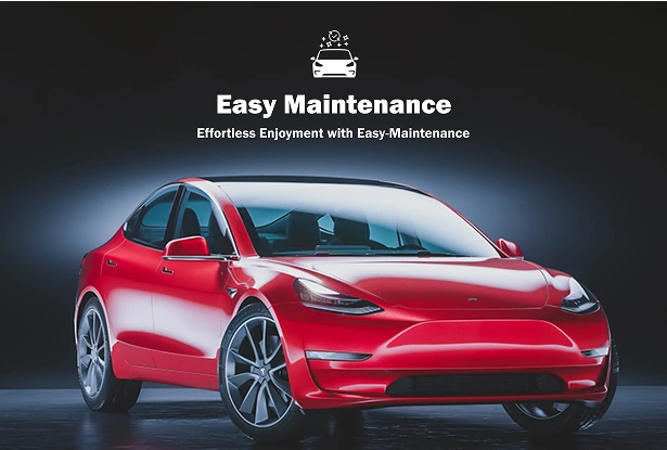 A red Tesla Model 3 with a reflective, glossy surface is parked in a studio setting with a spotlight. The image features the text “Easy Maintenance – Effortless Enjoyment with Easy-Maintenance” and an icon of a car being cleaned.