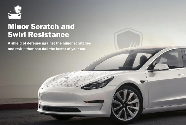A white Tesla Model 3 is parked near a curb with a subtle graphic overlay on the hood representing scratch protection. Text on the image reads “Minor Scratch and Swirl Resistance – A shield of defense against the minor scratches and swirls that can dull the luster of your car,” with a protective shield icon above.