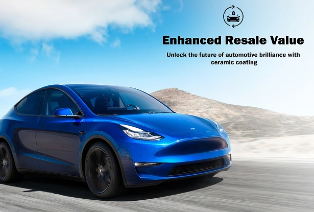 A glossy blue Tesla Model Y drives through a sunlit desert landscape, emphasizing its pristine paint protected by ceramic coating. The text reads “Enhanced Resale Value – Unlock the future of automotive brilliance with ceramic coating,” with a dollar sign and car icon above.