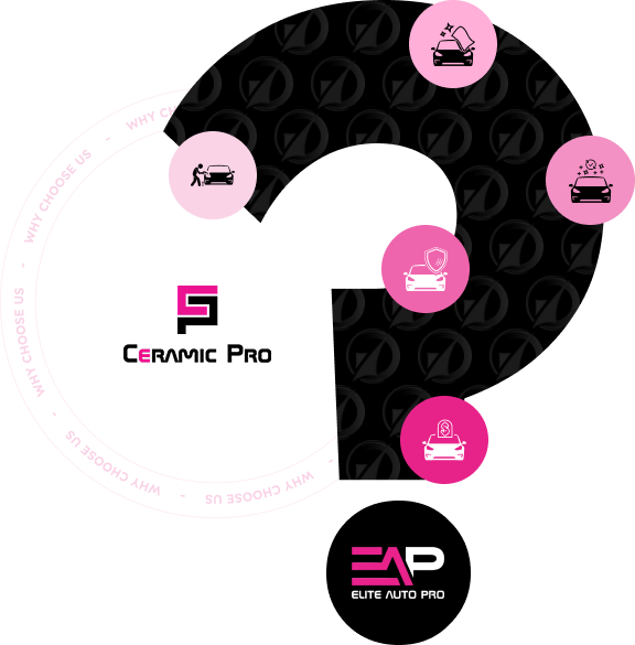 Circular infographic by Elite Auto Pro with pink icons representing auto services: detailing, window tint, paint protection, and shine enhancement. The surrounding circle repeats “WHY CHOOSE US,” and the EAP logo is centered at the bottom.