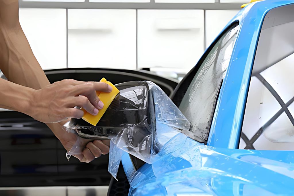 Close-up of a person applying clear paint protection film (PPF) to the side mirror of a bright blue car using a yellow squeegee. The installer smooths out the film to ensure it tightly wraps the mirror, demonstrating how PPF protects vulnerable areas from scratches and impact.