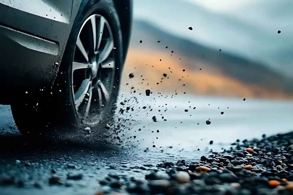 A close-up of a car tire kicking up gravel and small rocks on a wet mountain road, with scattered debris flying through the air. This image visually emphasizes the type of high-speed road impact that ceramic coatings cannot protect against, especially in rugged areas like Colorado Springs.