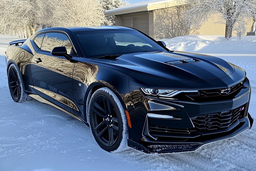 A sleek black Chevy Camaro parked in a snowy Colorado Springs neighborhood, its glossy surface reflecting sunlight with no signs of winter wear. The clean finish highlights the durability of high-quality colored PPF installed to resist snow, salt, and freeze-thaw damage.