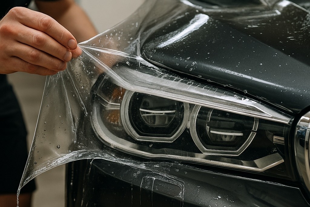 Close-up of a person applying clear paint protection film over a car headlight, highlighting how film quality impacts durability and resistance to damage.