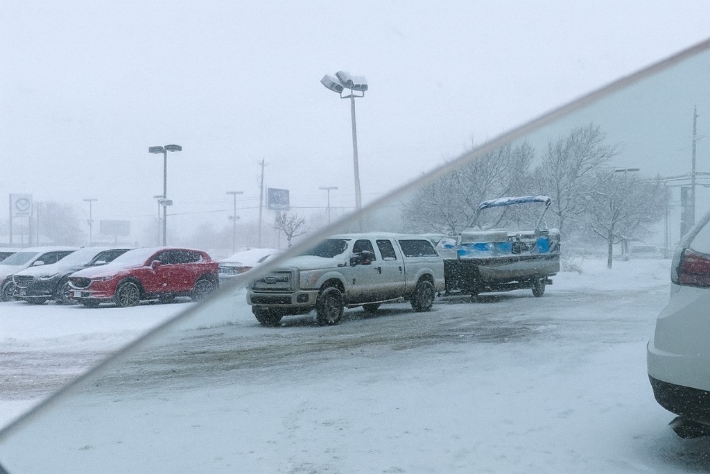 View through a partially tinted car window on a snowy day, showing clearer visibility and reduced glare through the tinted section compared to the rest of the icy dealership lot, where a truck towing a boat is parked.