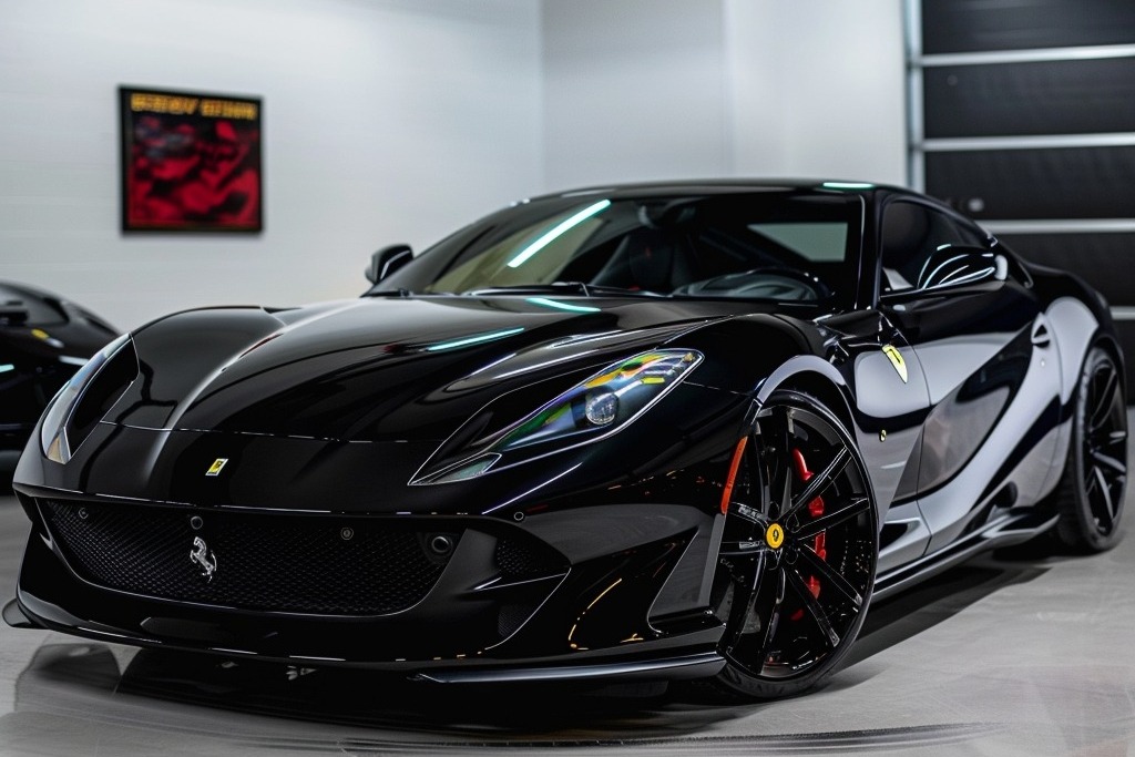 Sleek black sports car with a glossy finish inside a showroom, illustrating the long-lasting protection and shine provided by high-quality paint protection film and the expected lifespan of PPF.