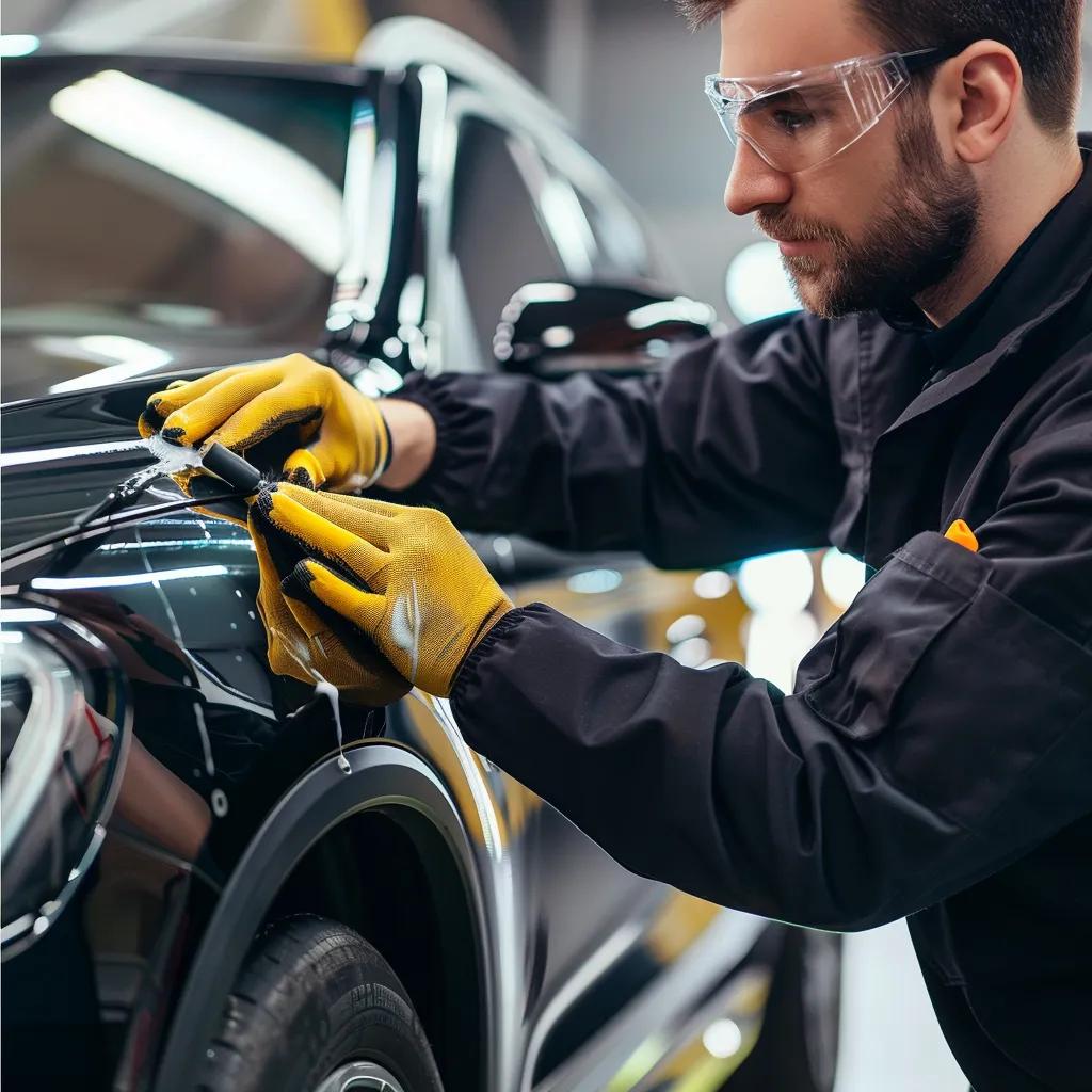 Car owner observing low-quality paint protection application, highlighting dealership scams