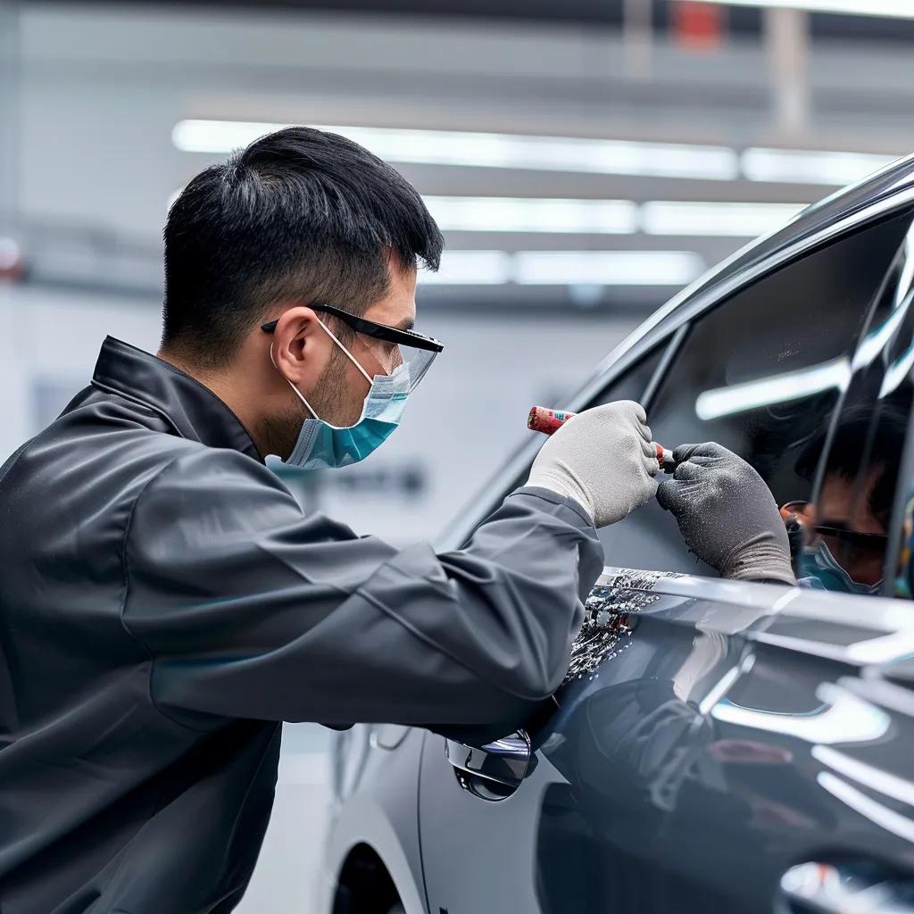 Professional technician applying high-quality paint protection film to a car