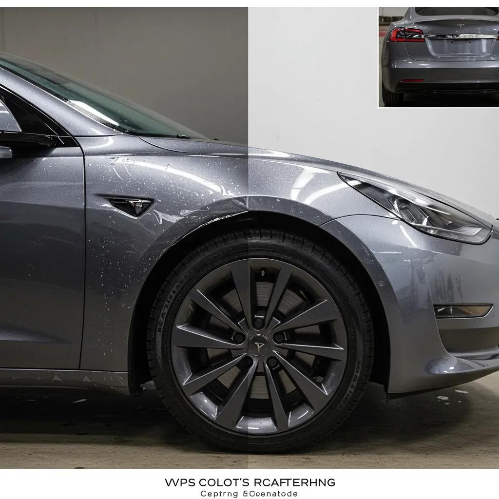 Comparison of Tesla vehicle with paint protection film and ceramic coating