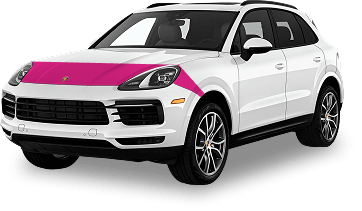 White SUV with pink paint protection film on the partial hood and fenders, showcasing Elite Auto Pro's PPF service for vehicle protection against chips and scratches.