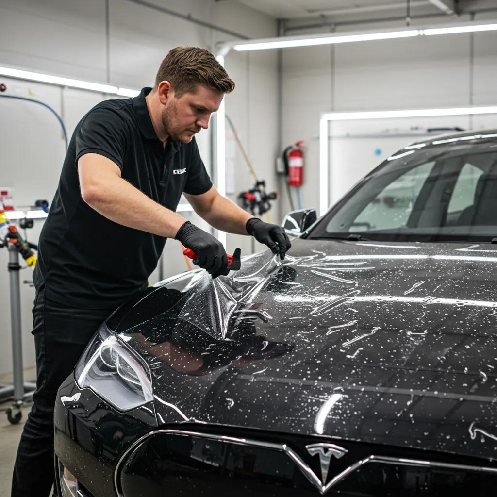 Professional installer applying paint protection film to Tesla vehicle