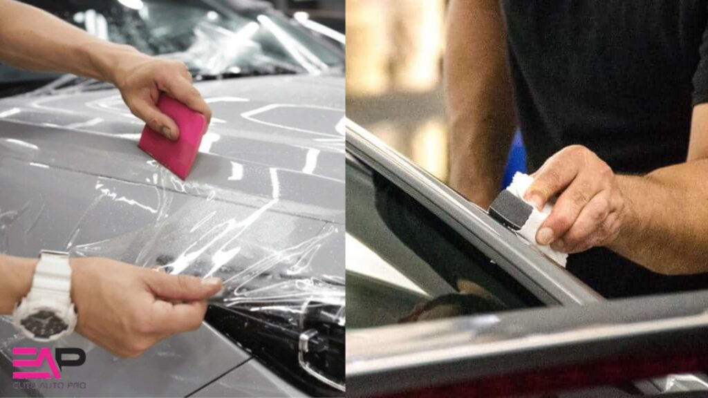 Side-by-side comparison showing paint protection film being applied to a car on the left and ceramic coating being wiped onto a car window trim on the right.