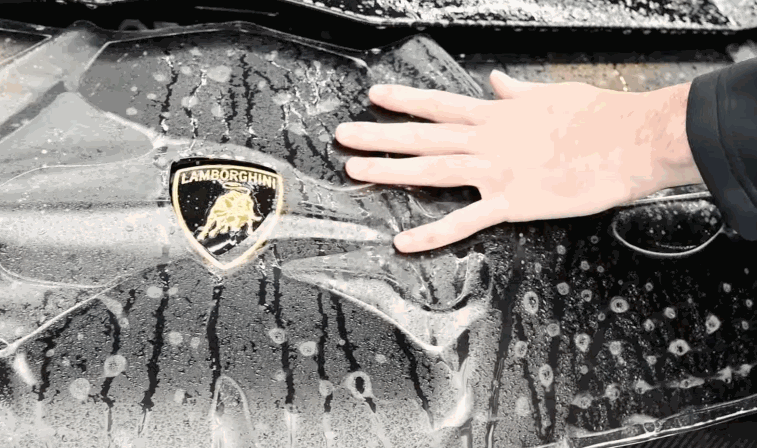 A hand smooths out a clear paint protection film over the hood of a Lamborghini, pressing it around the car’s emblem to ensure proper adhesion and coverage.