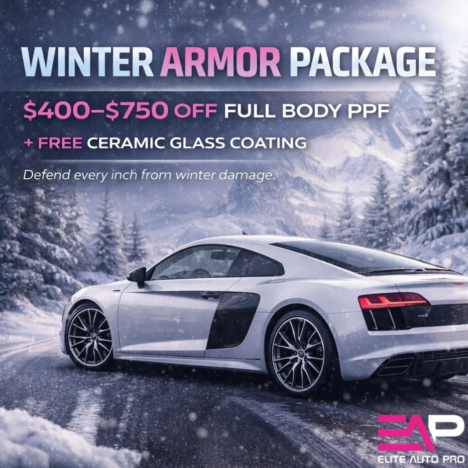 Winter Armor Package promotion featuring a sleek white sports car on a snowy road, highlighting $400-$750 off full body paint protection film and free ceramic glass coating, emphasizing winter vehicle protection and maintenance.