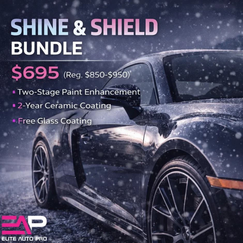 Shine & Shield bundle promotional image featuring a black car with snow, highlighting $695 price, two-stage paint enhancement, 2-year ceramic coating, and free glass coating from Elite Auto Pro.