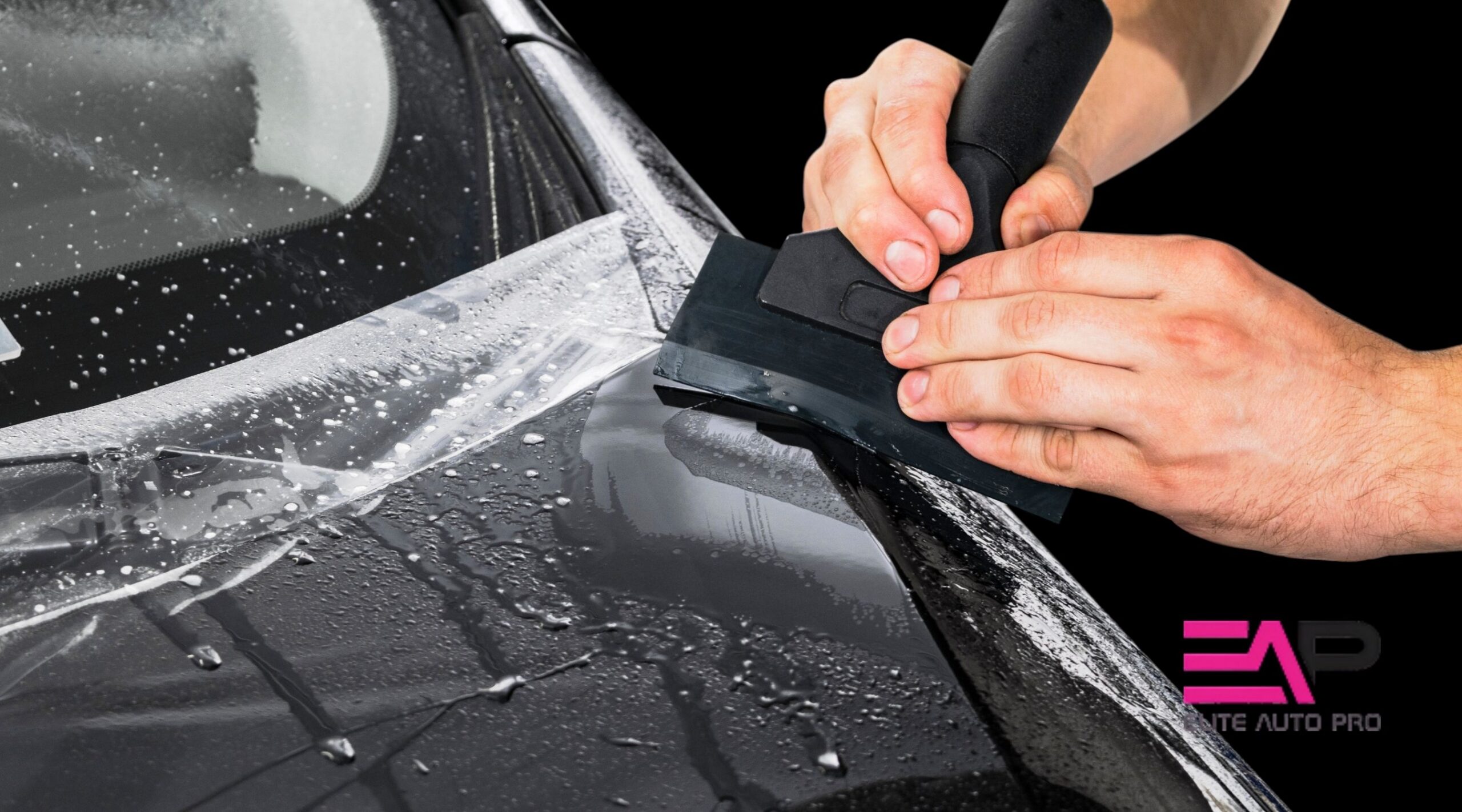 Technician installing paint protection film on a black car hood using a squeegee at Elite Auto PRO in Colorado Springs.